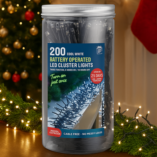 Timer LED Cluster Lights 200 Battery Operated in Jar Cool White – Decorative fairy lights for Christmas, parties, and home décor