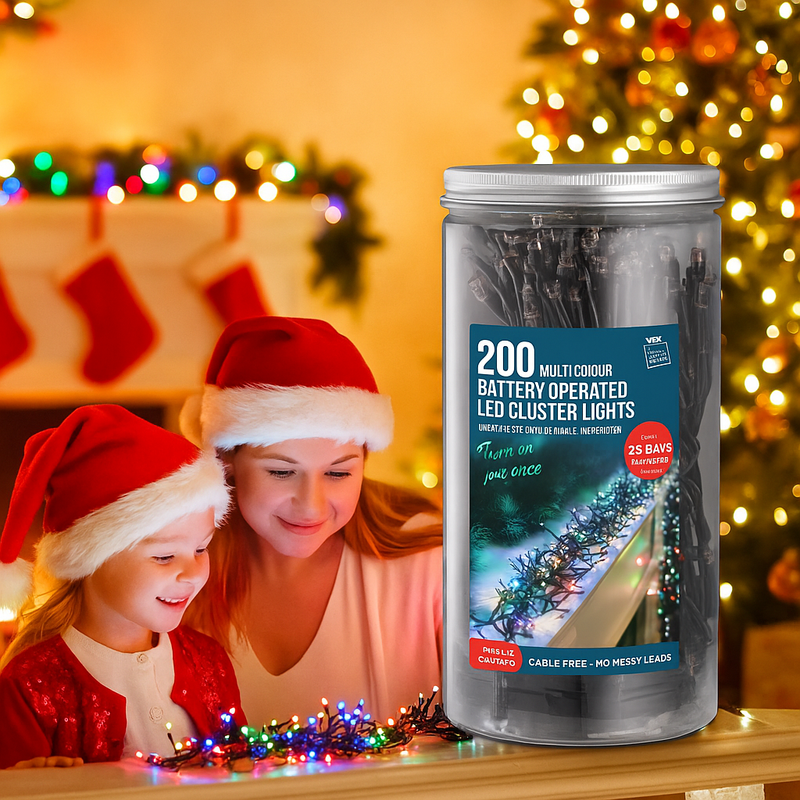 Timer LED Cluster Lights 200 Battery Operated in Jar Multicolour – Festive decorative fairy lights for Christmas, parties, and home décor