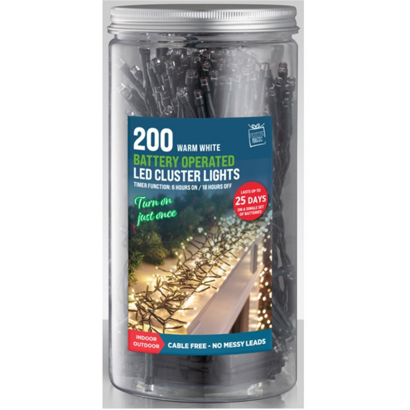 Timer LED Cluster Lights 200 warm white battery operated in storage jar