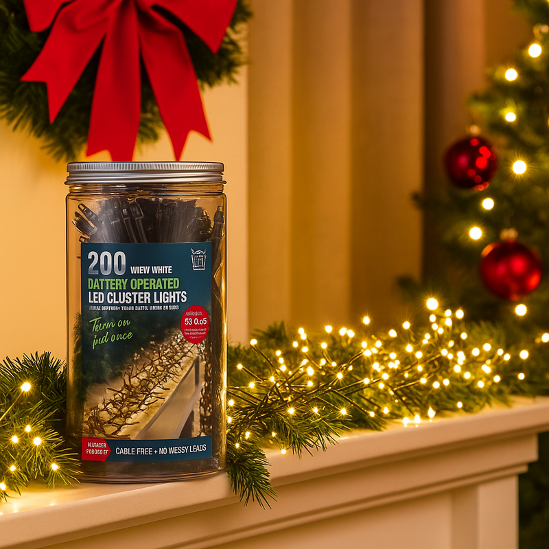 Timer LED Cluster Lights 200 warm white battery operated in storage jar