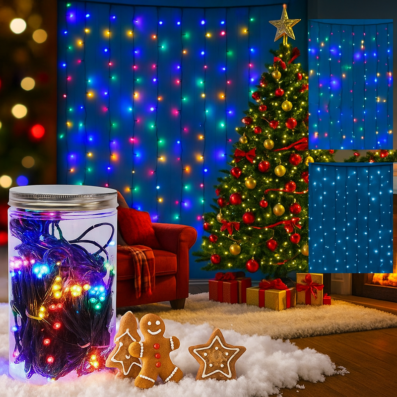 Timer LED Curtain Lights 200 Battery Operated in Jar Assorted – Decorative hanging fairy lights for Christmas, weddings, parties, and home décor