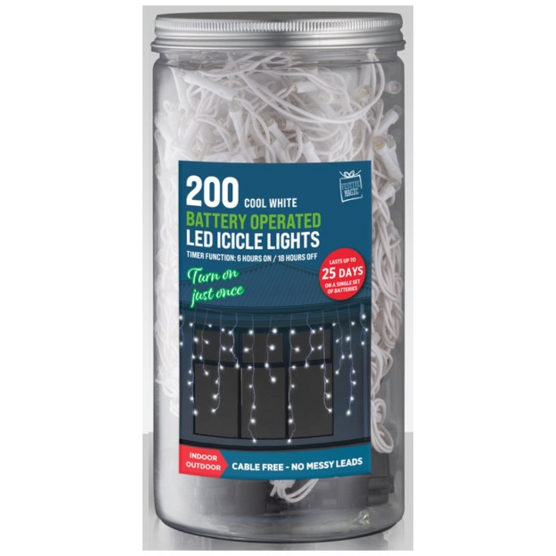 Timer LED Icicle Lights 200 cool white battery operated in storage jar