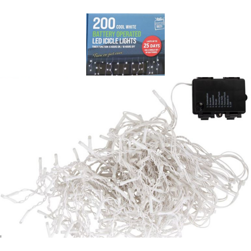 Timer LED Icicle Lights 200 cool white battery operated in storage jar