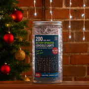 Timer LED Icicle Lights 200 cool white battery operated in storage jar