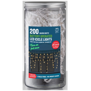 Timer LED Icicle Lights 200 warm white battery operated in storage jar