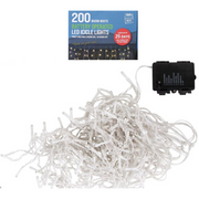 Timer LED Icicle Lights 200 warm white battery operated in storage jar