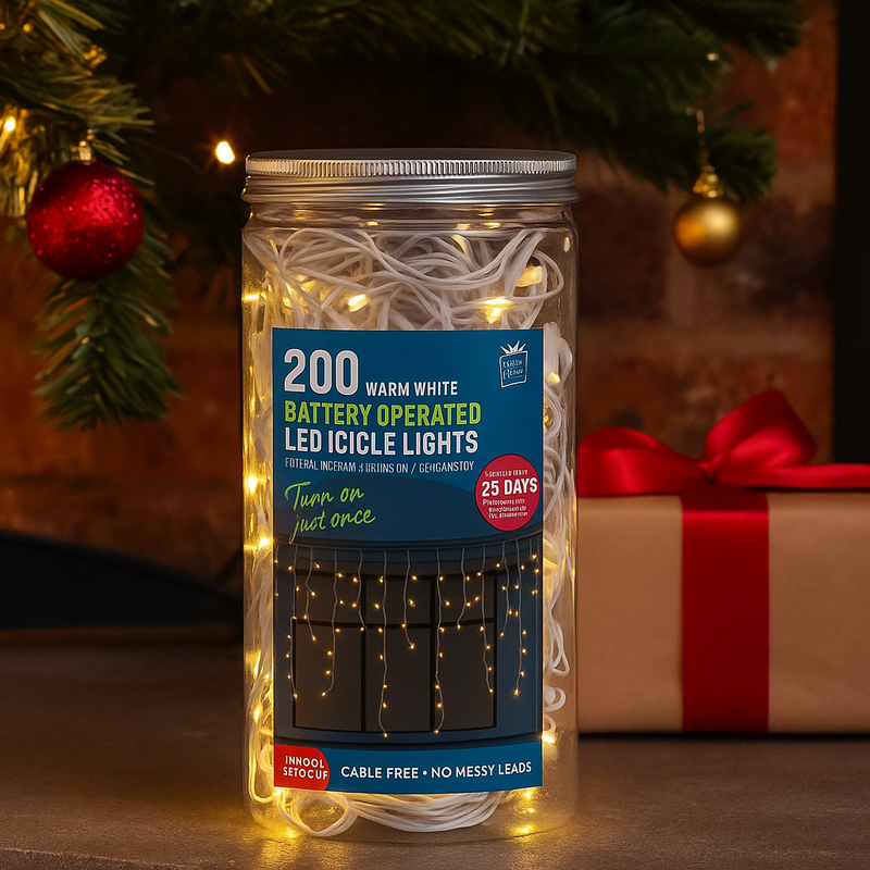Timer LED Icicle Lights 200 warm white battery operated in storage jar