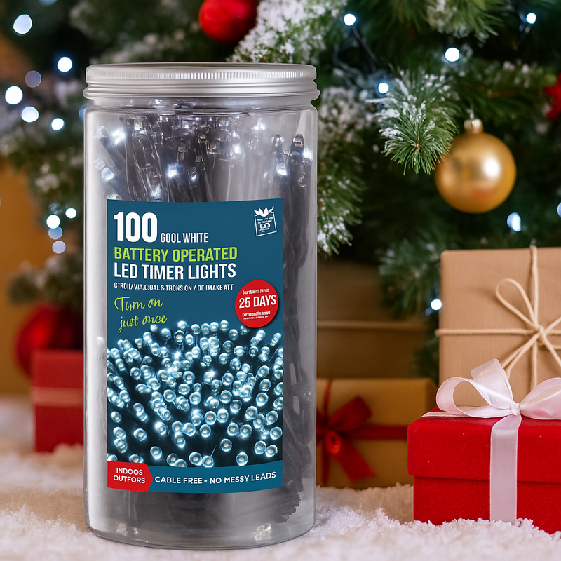 Timer Lights LED 100 Battery Operated in Jar Cool White – Decorative fairy lights for Christmas, weddings, parties, and home décor