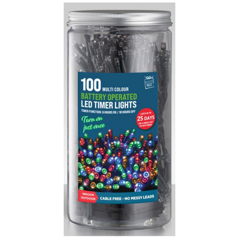 Timer Lights LED 100 Battery Operated in Jar Multicolour – Decorative fairy lights for Christmas, parties, weddings, and home décor