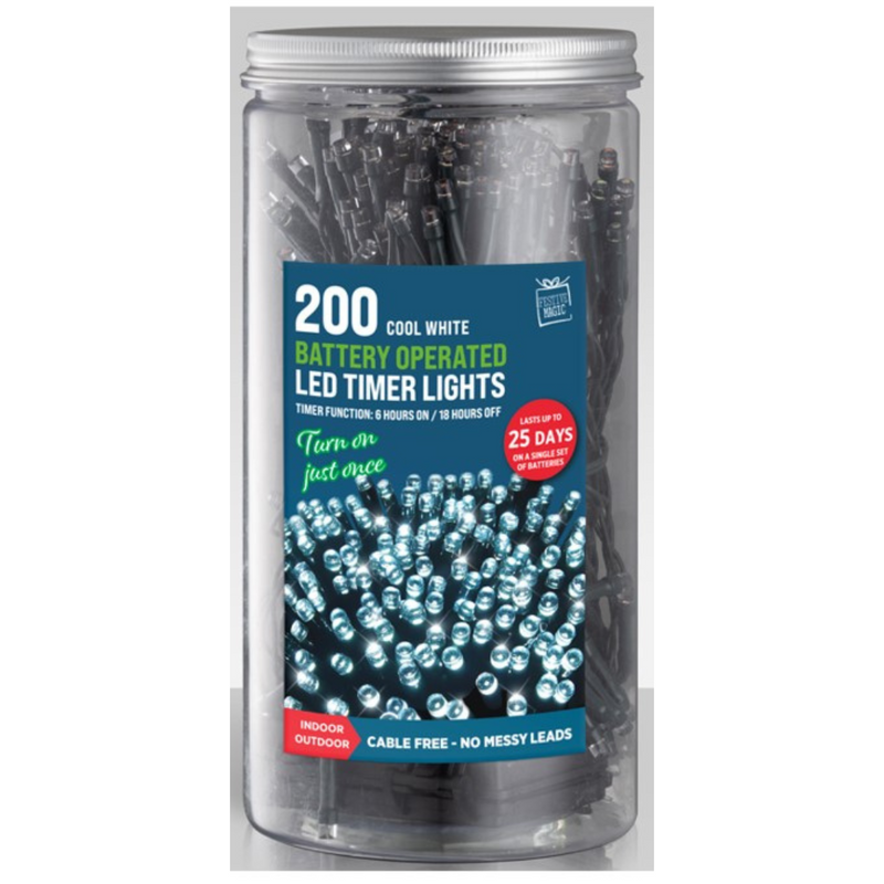 Timer Lights LED 200 Battery Operated in Jar Cool White – Decorative fairy lights for Christmas, weddings, parties, and home décor