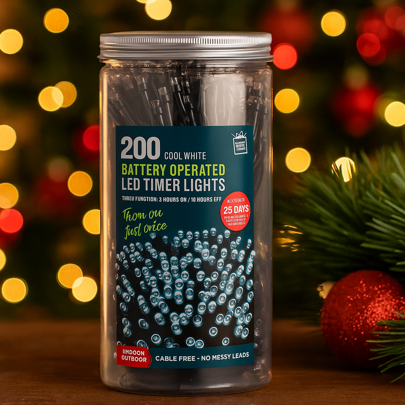 Timer Lights LED 200 Battery Operated in Jar Cool White – Decorative fairy lights for Christmas, weddings, parties, and home décor