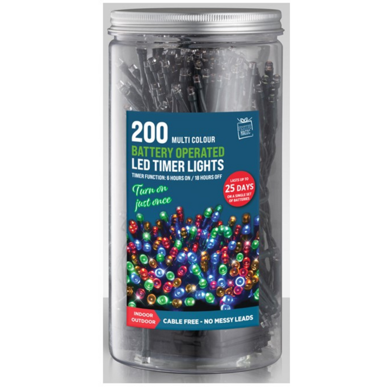 Timer Lights LED 200 Battery Operated in Jar Multicolour – Decorative fairy lights for Christmas, parties, weddings, and home décor