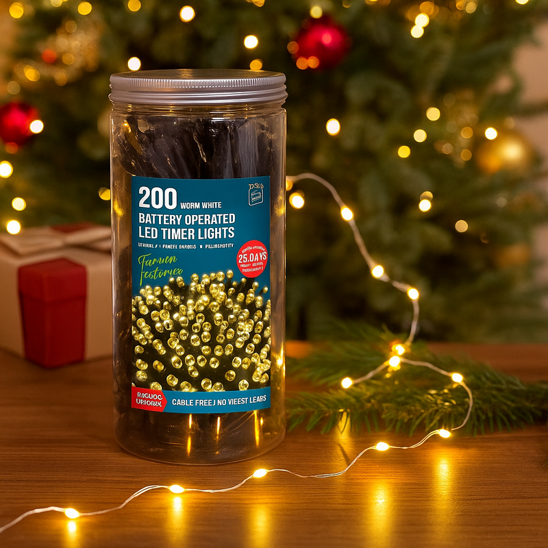 Timer Lights LED 200 Battery Operated in Jar Warm White – Decorative fairy lights for Christmas, weddings, parties, and home décor