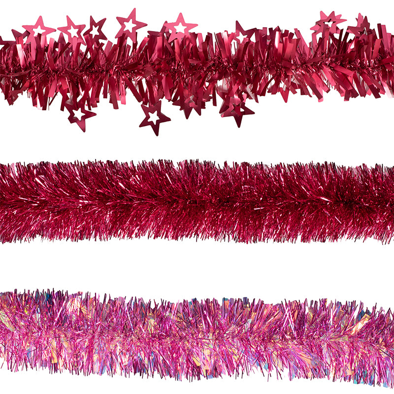 Pink tinsel 200cm assorted finishes for Christmas tree and festive decoration