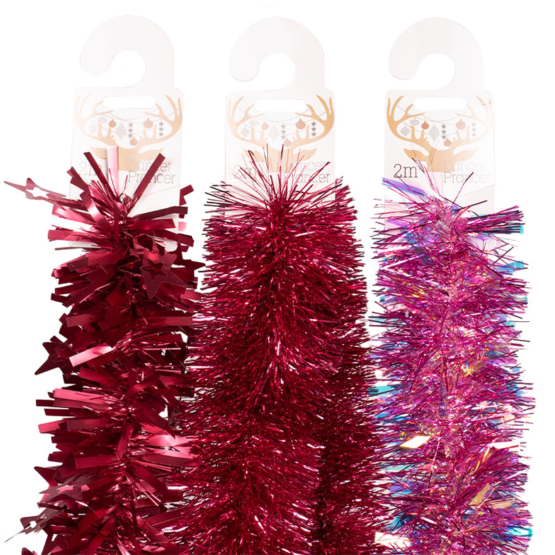 Pink tinsel 200cm assorted finishes for Christmas tree and festive decoration