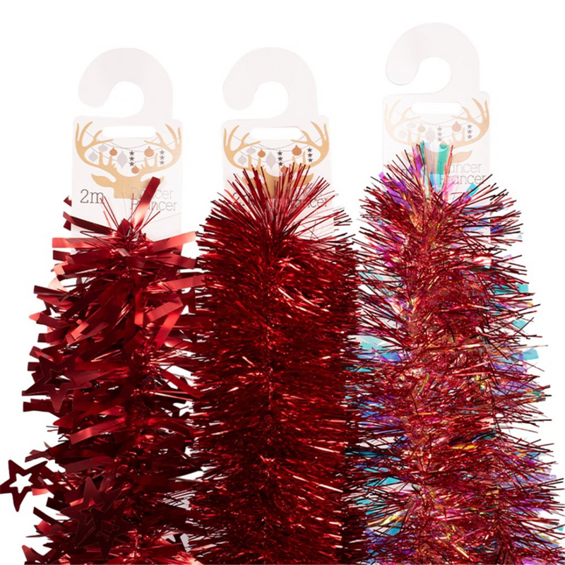 200cm red assorted Christmas tinsel garland for decorating trees, mantels, or staircases