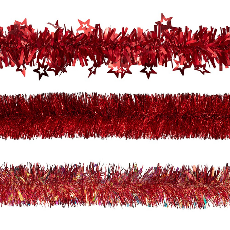 200cm red assorted Christmas tinsel garland for decorating trees, mantels, or staircases