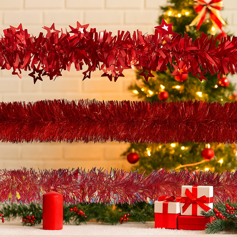 200cm red assorted Christmas tinsel garland for decorating trees, mantels, or staircases