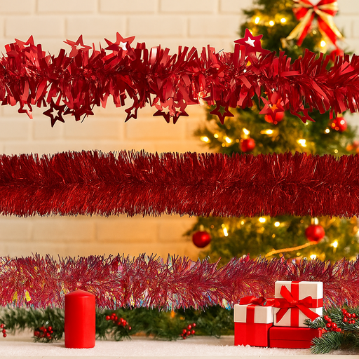 200cm red assorted Christmas tinsel garland for decorating trees, mantels, or staircases