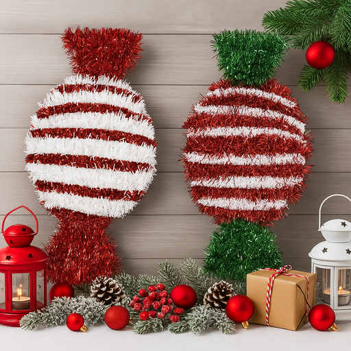 Assorted tinsel candycane and lolly Christmas plaque decorations