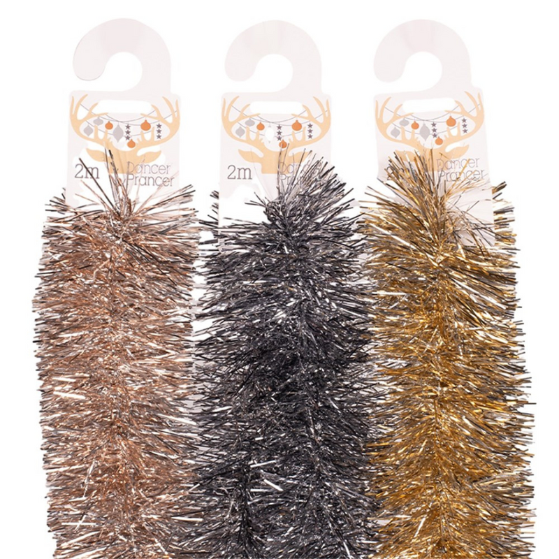 Ronis Tinsel Champagne with Silver, Gunmetal with Silver, Rose Gold with Silver 200cm Assorted