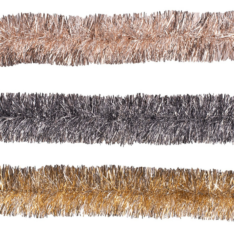 Ronis Tinsel Champagne with Silver, Gunmetal with Silver, Rose Gold with Silver 200cm Assorted