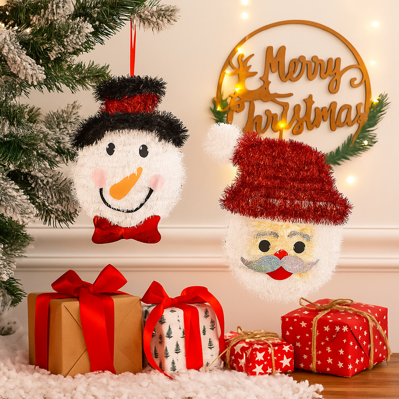 Festive tinsel reindeer and holiday character face plaques assorted