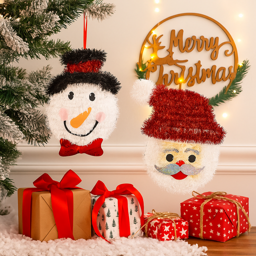 Festive tinsel reindeer and holiday character face plaques assorted