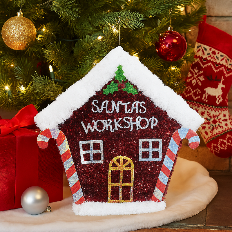 Tinsel Santa's Workshop Plaque festive Christmas wall decoration with sparkling details
