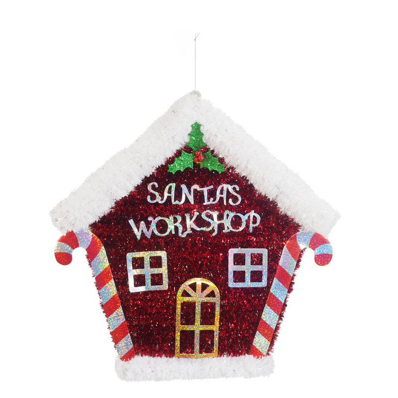 Tinsel Santa's Workshop Plaque festive Christmas wall decoration with sparkling details