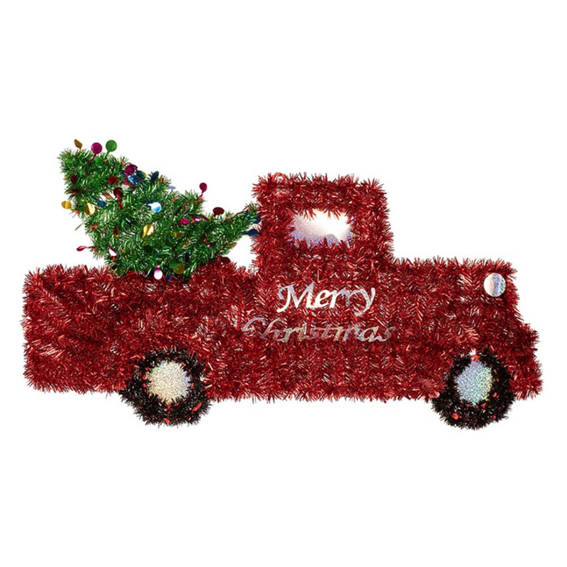 60x30cm tinsel wall plaque featuring a red truck carrying a green Christmas tree for festive home décor