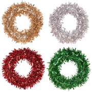 30cm Assorted Tinsel Christmas Wreaths in shiny festive colors, perfect for door or wall hanging holiday decorations.