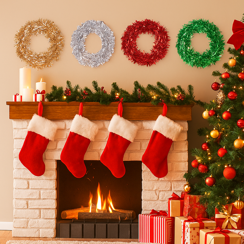 30cm Assorted Tinsel Christmas Wreaths in shiny festive colors, perfect for door or wall hanging holiday decorations.