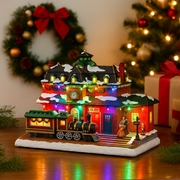 Christmas train station scene with LED lights, moving train, and music, 33x17x25.5cm festive decoration