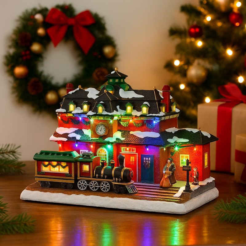 Christmas train station scene with LED lights, moving train, and music, 33x17x25.5cm festive decoration