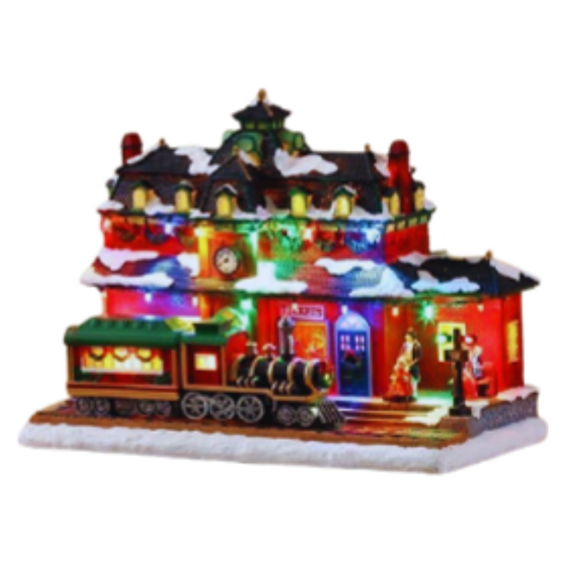 Christmas train station scene with LED lights, moving train, and music, 33x17x25.5cm festive decoration