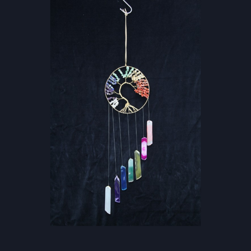 Ronis Tree of Life Chakra Gemstone with Agate Slices Wind Chime 15cm