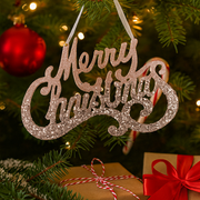 Acrylic Merry Christmas Tree Ornament 10x15cm with Pink and Champagne Glitter