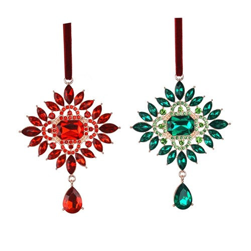 Tree Ornament 13cm Red and Green Crystal Snowflake with Crystal Drop – elegant crystal-look Christmas snowflake decoration