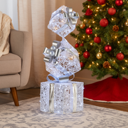 Silver triple Christmas giftbox stack with ribbon and warm white LED lights, 83cm tall for indoor and outdoor festive decoration – thumbnail