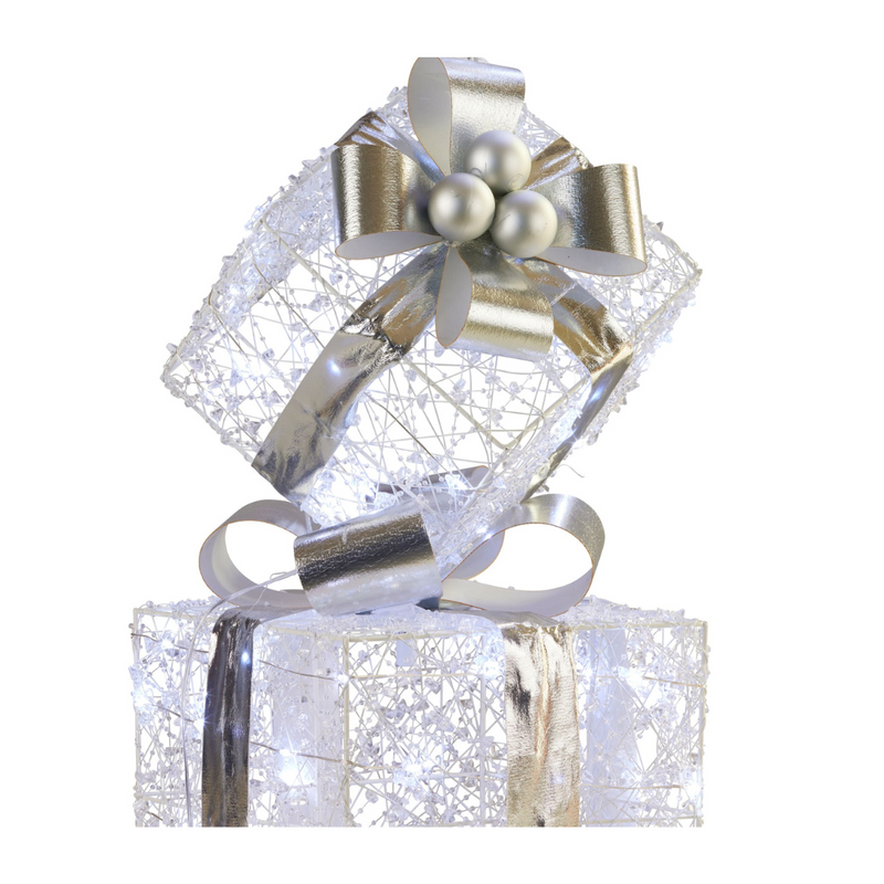 Silver triple Christmas giftbox stack with ribbon and warm white LED lights, 83cm tall for indoor and outdoor festive decoration