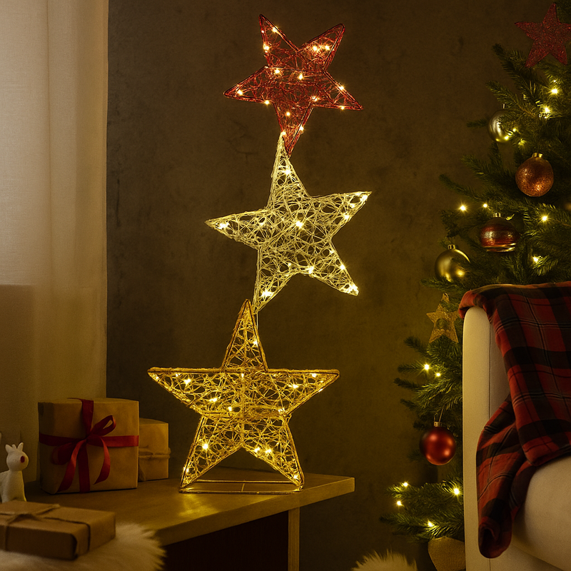 Triple stacked Christmas stars with warm white LED lights, 120cm tall display for indoor or outdoor festive decoration