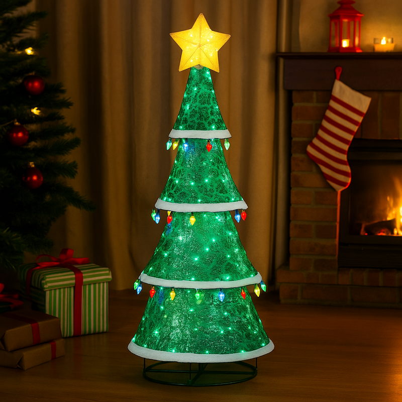 205cm tall green cone-shaped Christmas tree with multicolour twinkle lights, star topper, and hanging bulb garlands for indoor and outdoor use