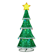 205cm tall green cone-shaped Christmas tree with multicolour twinkle lights, star topper, and hanging bulb garlands for indoor and outdoor use
