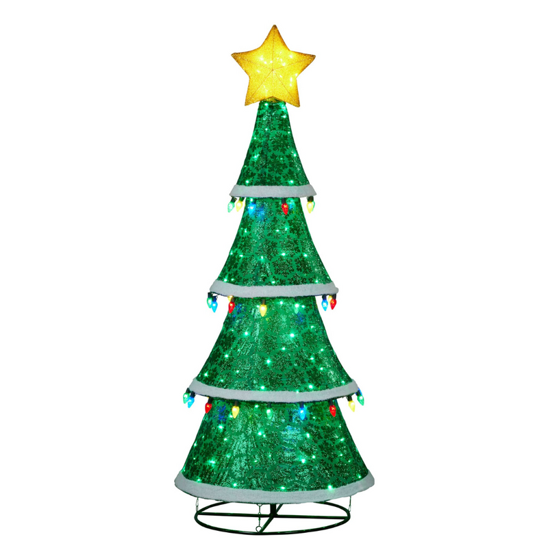 205cm tall green cone-shaped Christmas tree with multicolour twinkle lights, star topper, and hanging bulb garlands for indoor and outdoor use
