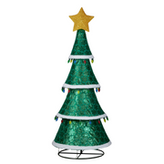 205cm tall green cone-shaped Christmas tree with multicolour twinkle lights, star topper, and hanging bulb garlands for indoor and outdoor use