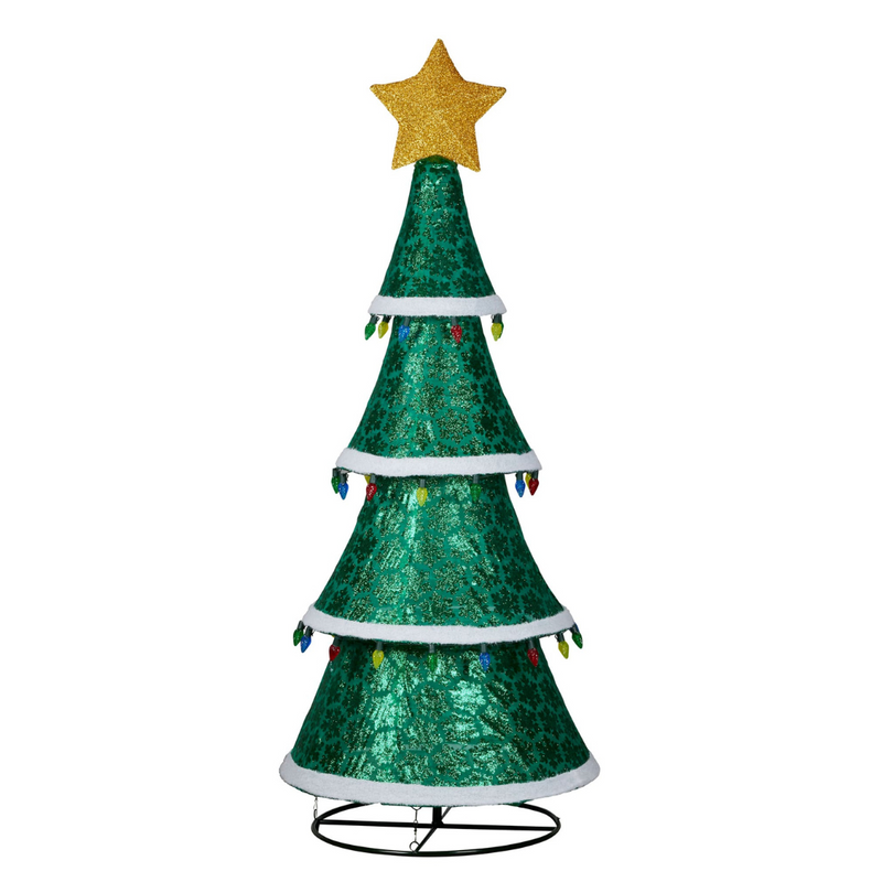 205cm tall green cone-shaped Christmas tree with multicolour twinkle lights, star topper, and hanging bulb garlands for indoor and outdoor use