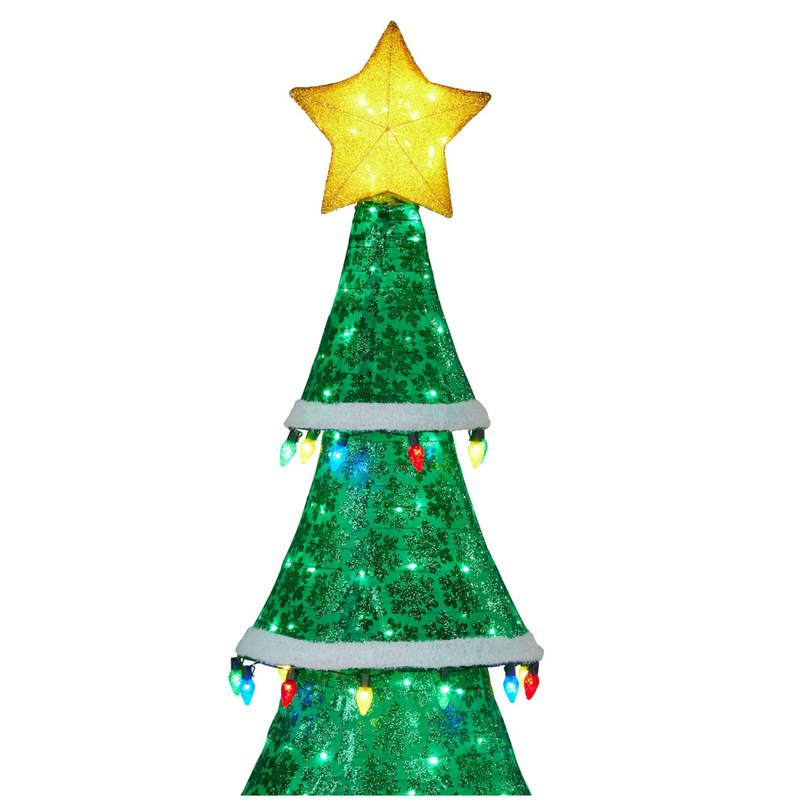 205cm tall green cone-shaped Christmas tree with multicolour twinkle lights, star topper, and hanging bulb garlands for indoor and outdoor use