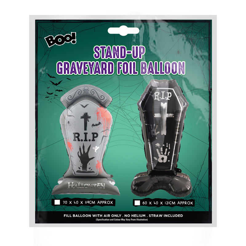 Packaging of stand-up graveyard foil balloons with tombstone and coffin designs on a green background.