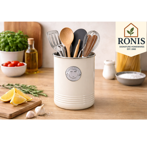 Cream colored ribbed utensil holder for kitchen tools